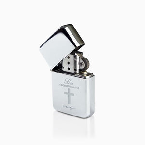 Custom Engraved Chrome Windproof Lighter with Cross Bible Passage and Signature