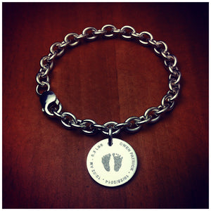 7/8 inch, Sterling Silver Disc Charm Bracelet Custom Engraved with Actual Baby Footprints 