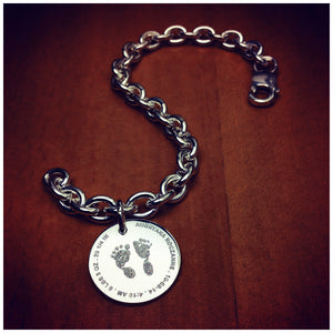 7/8 inch, Sterling Silver Disc Charm Bracelet Custom Engraved with Baby Footprints and Birth Details 