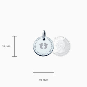 7/8 inch, Sterling Silver Custom Engraved Baby Footprint Disc Charm