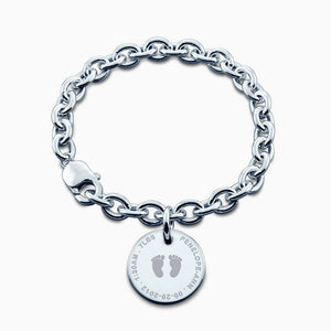 7/8 inch, Sterling Silver Custom Engraved Baby Footprint Disc Charm Bracelet