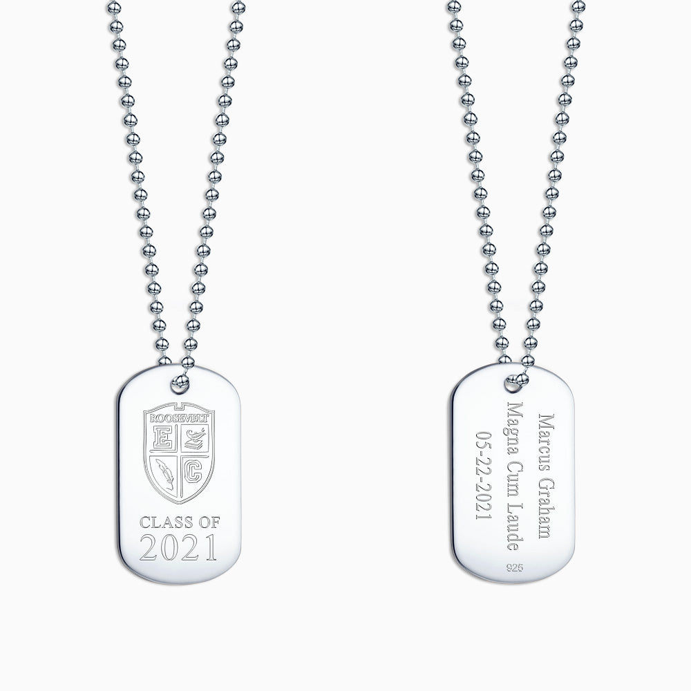 Engravable Men's Sterling Silver Flat Custom Graduation Dog Tag Slider Necklace with Ball Chain - Medium