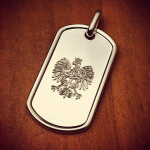 Engravable Mens Sterling Silver Raised Edge Dog Tag Custom Engraved with Coat of Arms of Poland