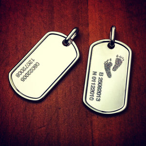 Engravable Mens Sterling Silver Raised Edge Dog Tag Custom Engraved with Edge Layout Birthdates and Footprints