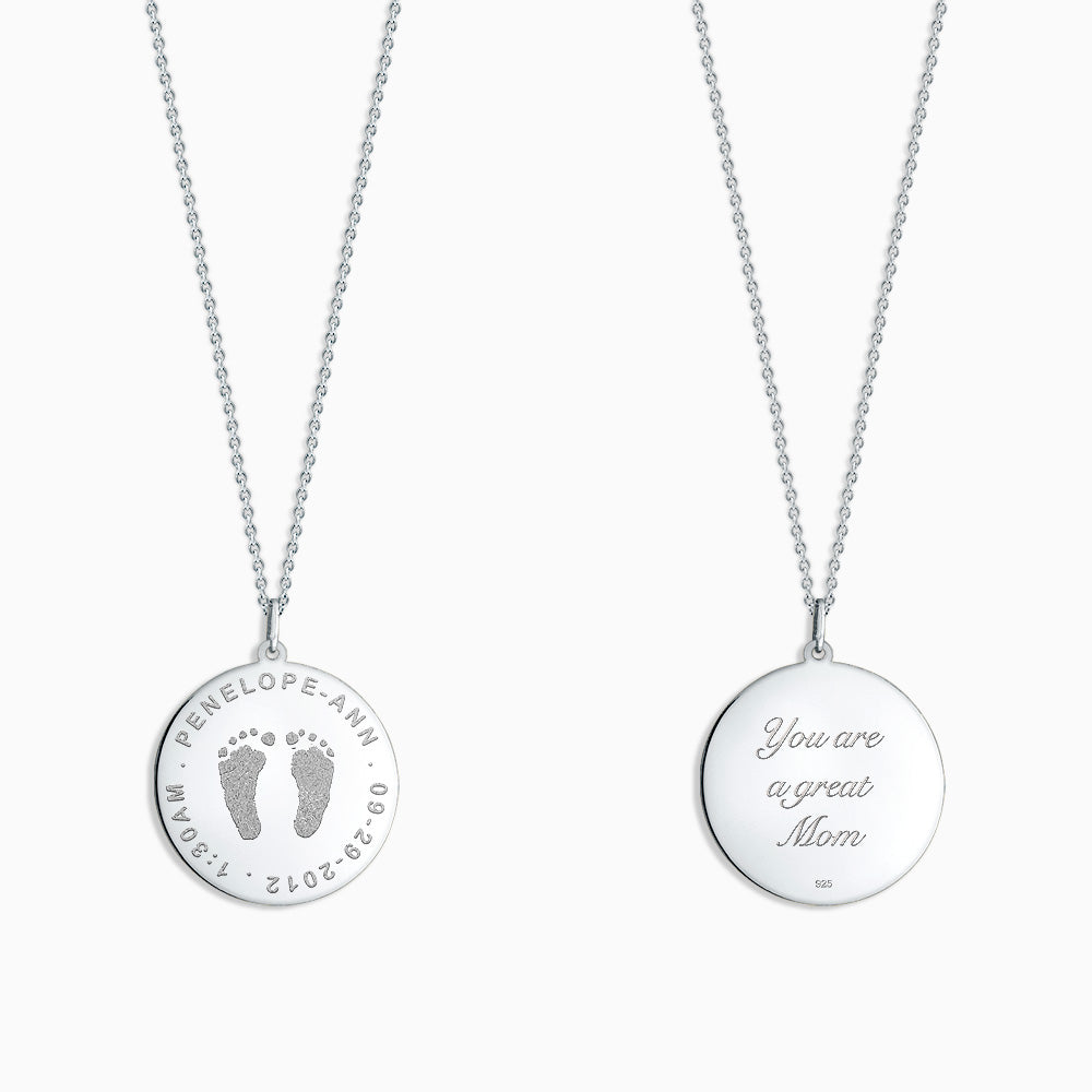 Engravable 1 inch Sterling Silver Disc Charm Necklace with Actual Baby Footprints