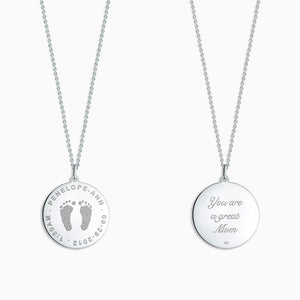 Engravable 1 inch Sterling Silver Disc Charm Necklace with Actual Baby Footprints Engraved on Front and Text Inscription on Back