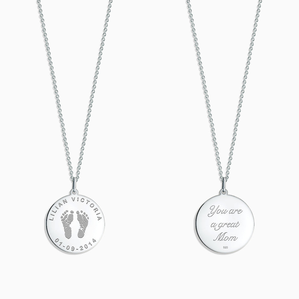 Sterling Silver Custom Engraved Actual Baby Footprint Disc Charm Necklace - 7/8 inch
