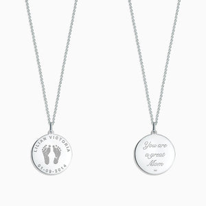 Engravable 7/8 inch Sterling Silver Actual Baby Footprint Disc Charm Necklace - Personalized on the Front and Back