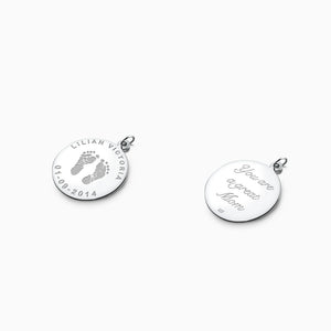 Engravable 7/8 inch Sterling Silver Actual Baby Footprint Disc Charm Pendant - Front and Back Engraving