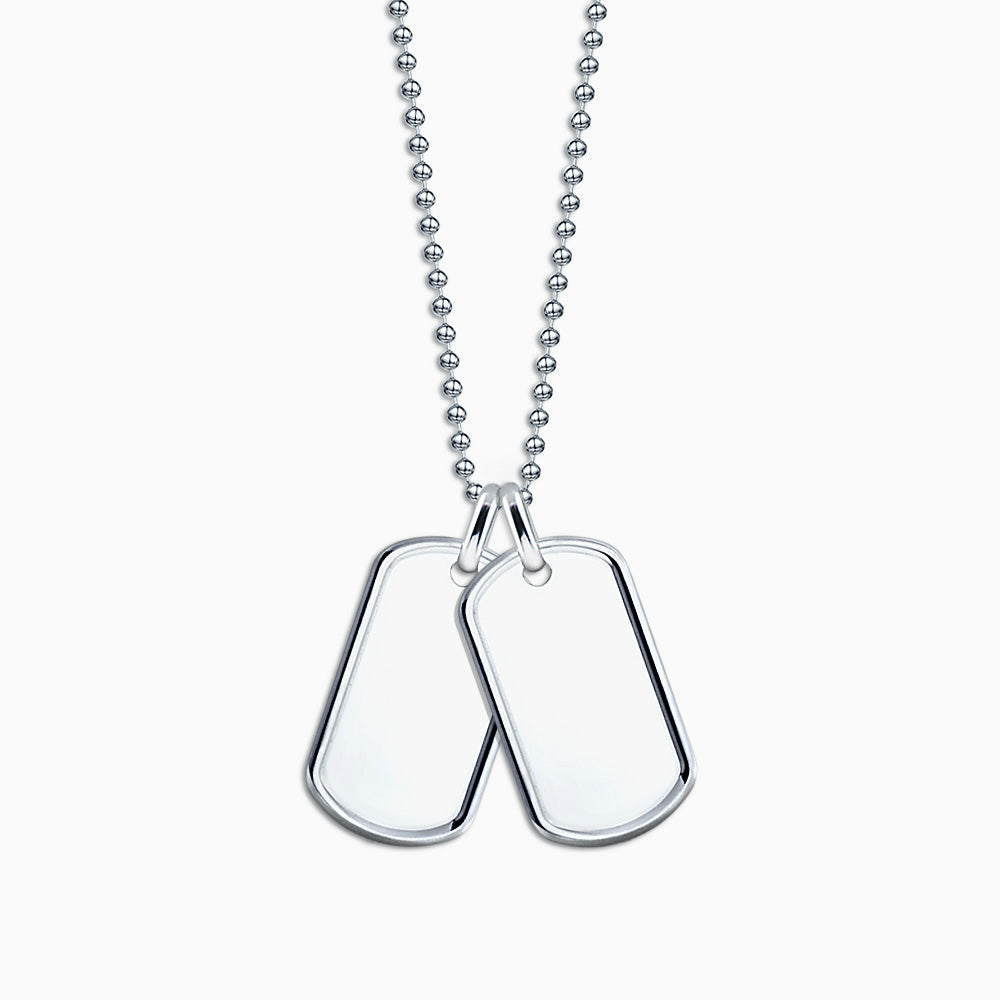 Engravable Men's Raised-Edge Double  Dog Tag Necklace in Sterling Silver with Military Bead Chain - Medium