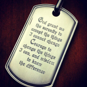 Engravable Mens Large Sterling Silver Raised Edge Dog Tag Necklace Engraved with the  Serenity Prayer