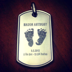 Mens Large Raised Edge Sterling Silver Dog Tag Necklace Engraved with Actual Baby Footprints, Baby's Name, Birth Date, Birth Weight and Length - Item NSL210505