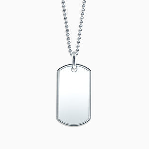 Men's Large Solid Sterling Silver Raised Edge Dog Tag Necklace w/t Bead Chain - Zoom Detail