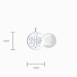 Engravable 1 inch Sterling Silver Monogram Disc Charm Necklace with Single Diamond - Pendant Size Detail