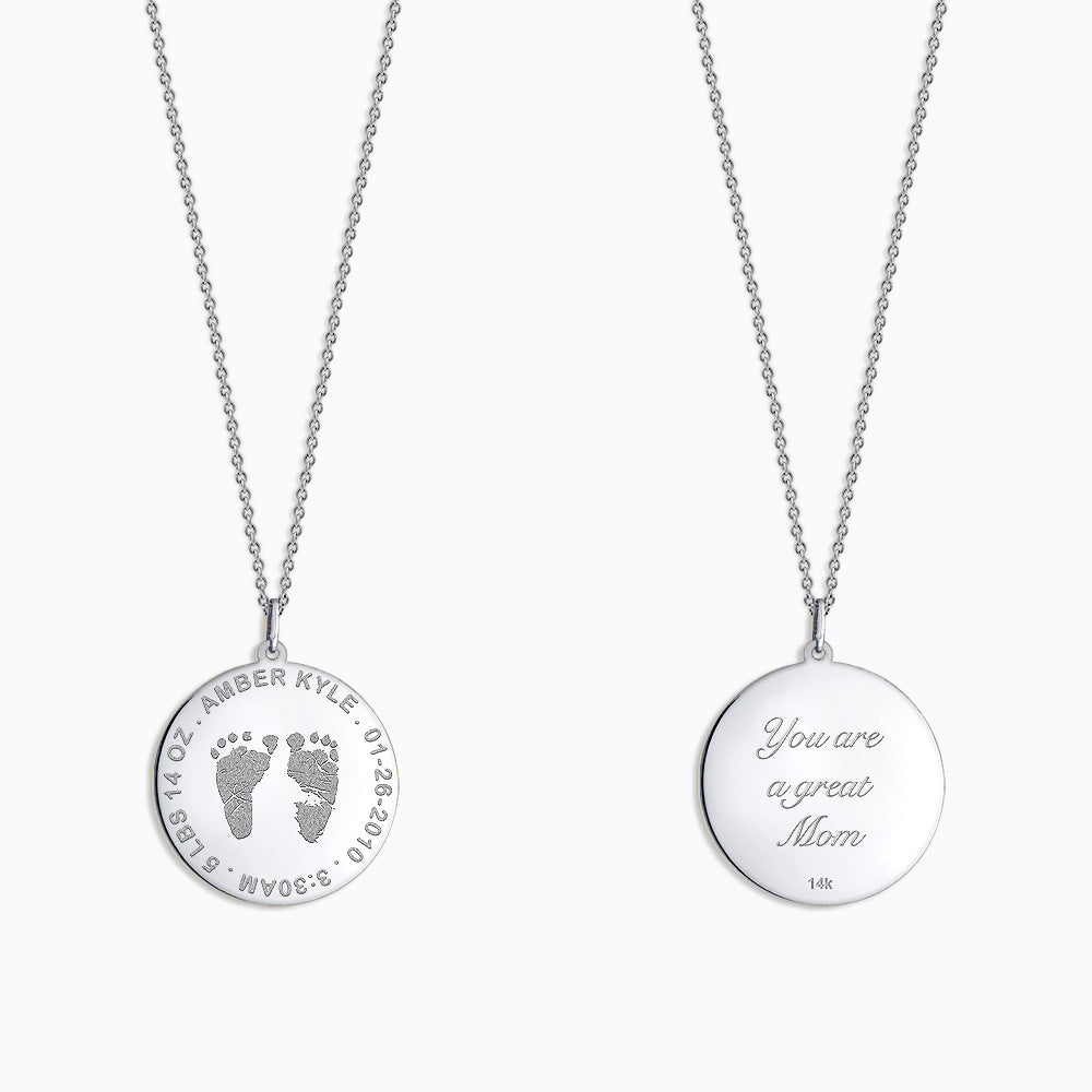 Engravable 1 inch 14k White Gold Disc Charm Necklace with Actual Baby Footprints