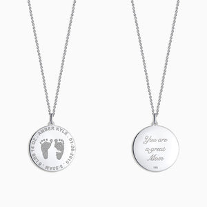 Engravable 1 inch 14k White Gold Disc Charm Necklace with Actual Baby Footprints Engraved on Front and Text on Back