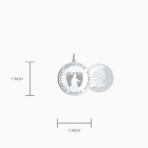 Engravable 1 inch 14k White Gold Disc Charm Necklace with Actual Baby Footprints - Size Detail