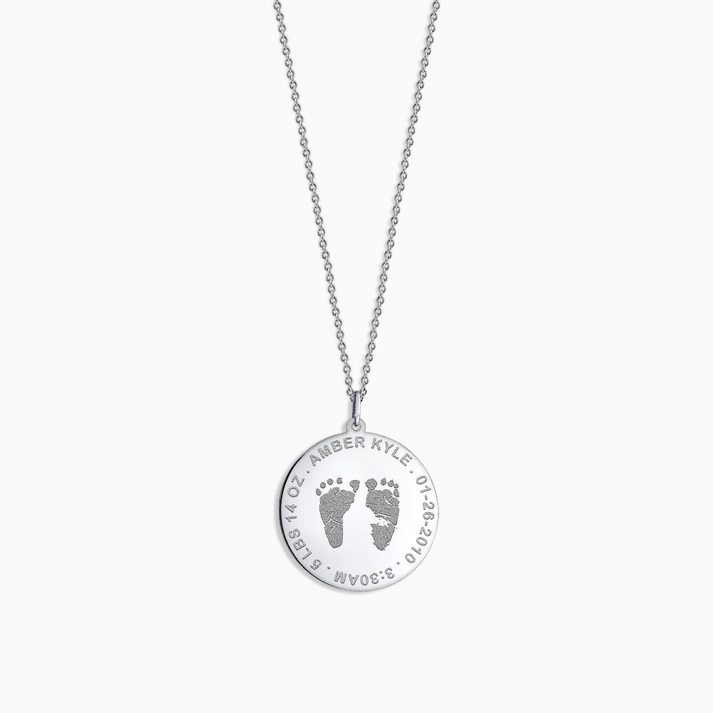 Engravable 1 inch 14k White Gold Disc Charm Necklace with Actual Baby Footprints