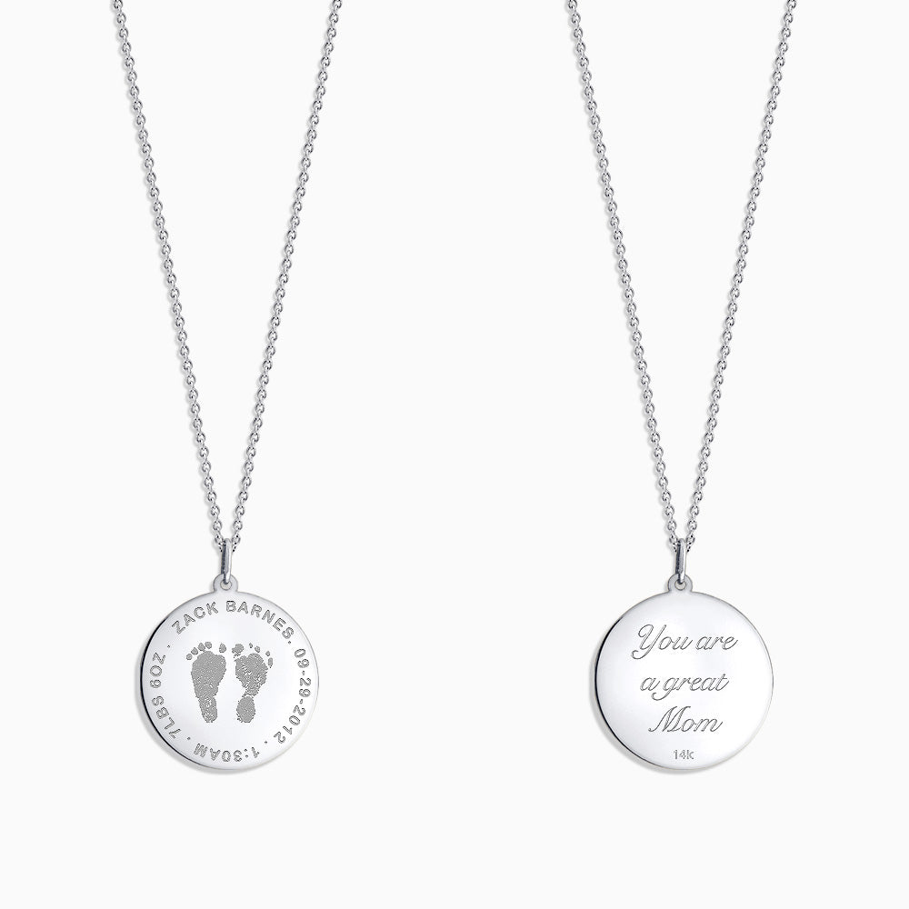 Engravable 7/8 inch, 14k White Gold Actual Baby Footprint Disc Charm Necklace