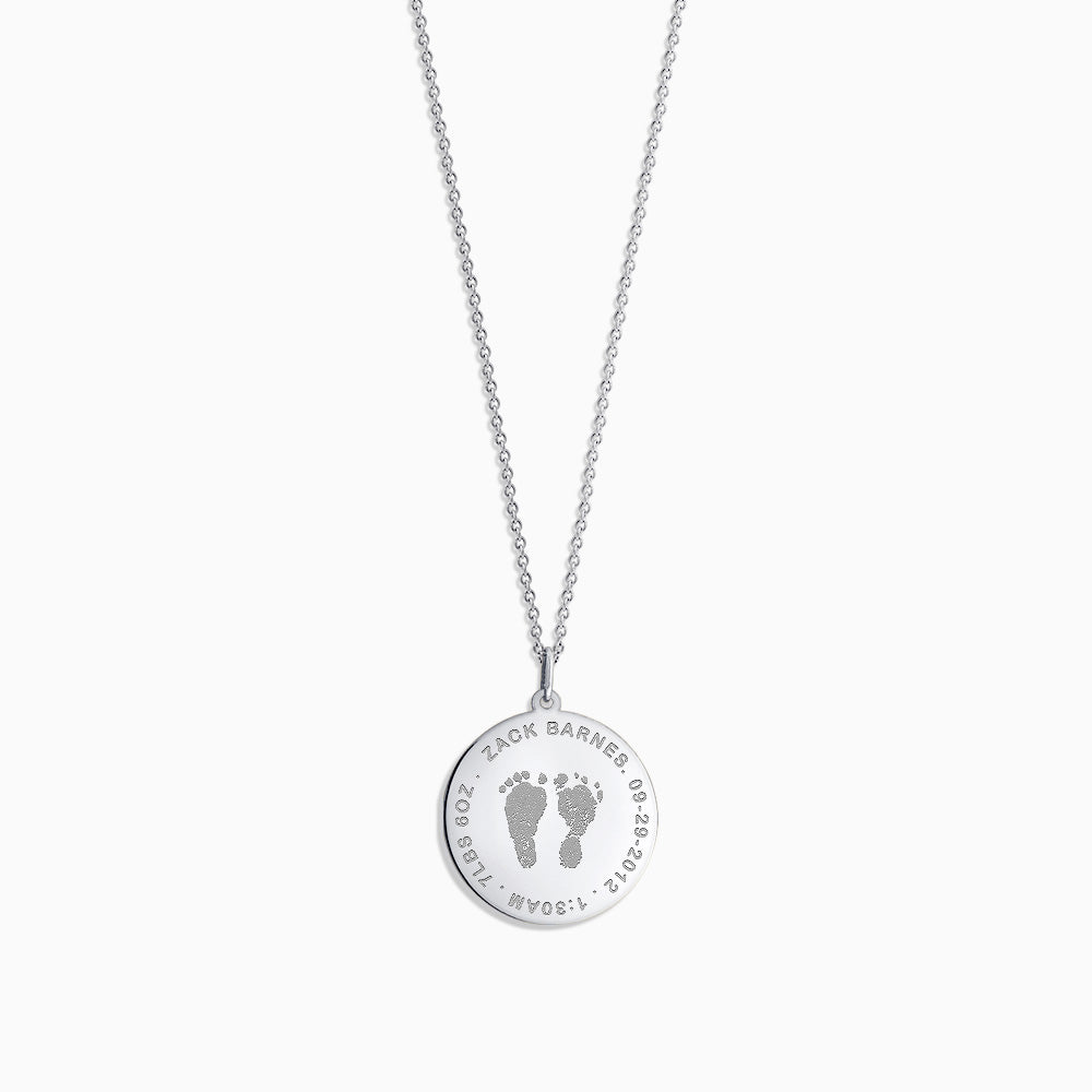 Engravable 7/8 inch, 14k White Gold Actual Baby Footprint Disc Charm Necklace