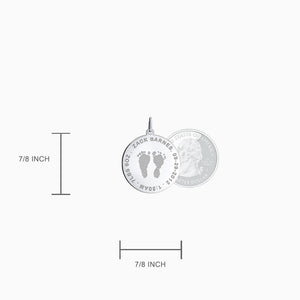 Engravable 7/8 inch, 14k White Gold Actual Baby Footprint Disc Charm - Size Detail - 7/8 inch Diameter