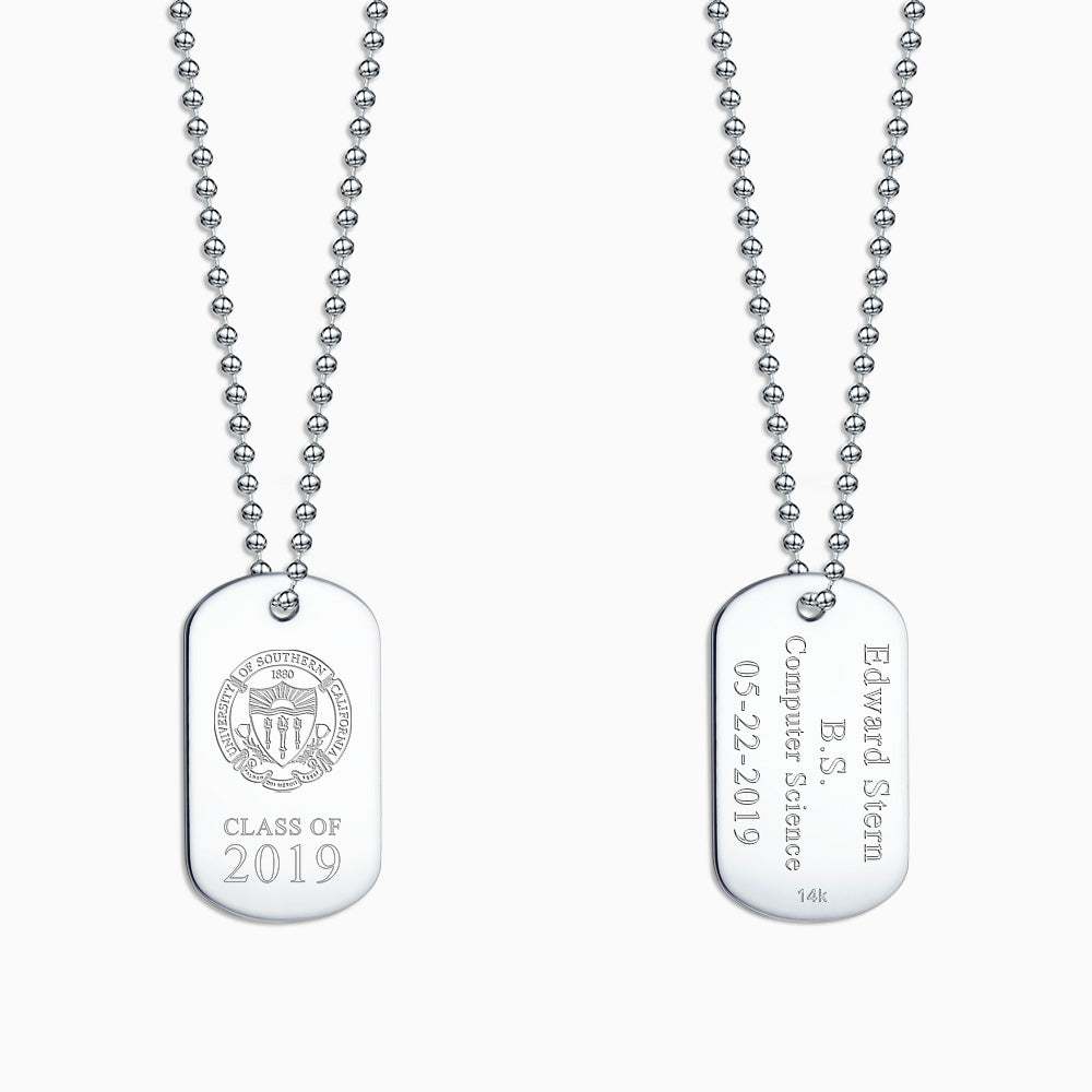 Engravable Men's 14k White Gold Flat Custom Graduation Dog Tag Slider Necklace with Ball Chain - Medium