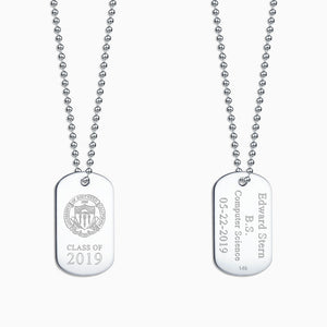 Engravable Men's 14k White Gold Flat Custom Graduation Dog Tag Slider Necklace with Ball Chain - Medium - Engraving on Front and Back