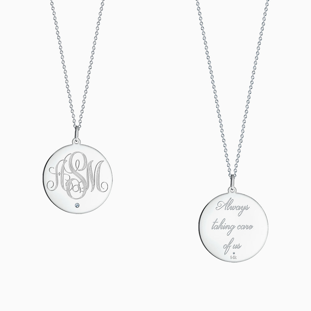 Engravable 1 inch 14K White Gold Monogram Disc Charm Necklace with Single Diamond