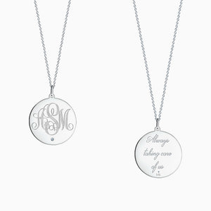 Engravable 1 inch 14k White Gold Monogram Disc Charm Necklace with Single Diamond - Engrave Front and Back