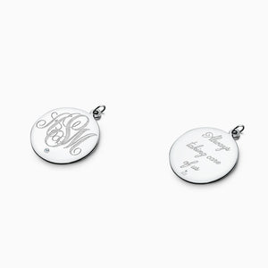 Engravable 1 inch 14k White Gold Monogram Disc Charm Necklace with Single Diamond - Monogram Initials on the Front and Engrave Text on the Back.