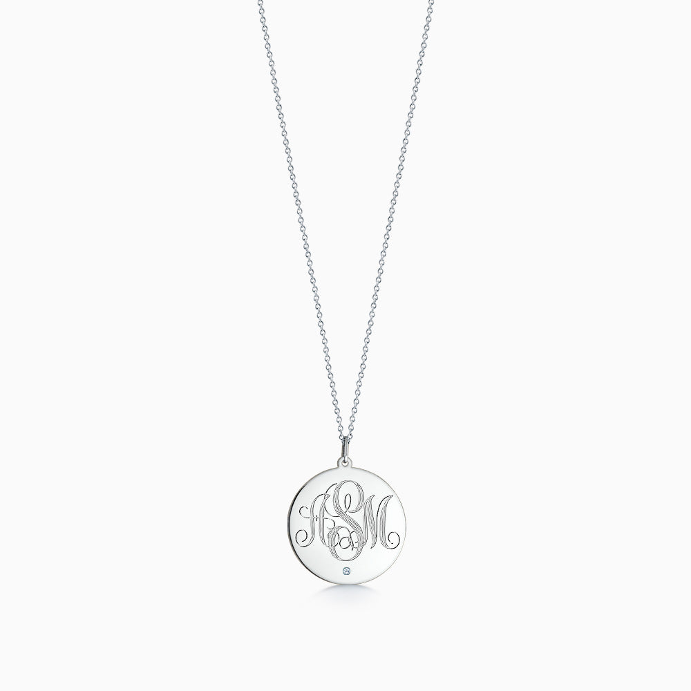 Engravable 1 inch 14k White Gold Monogram Disc Charm Necklace with Single Diamond