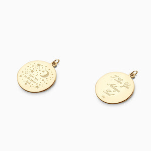 Engravable 1 inch 14k Yellow Gold Disc Charm Pendant Custom Engraved with Artwork and Text on the Front and Back.