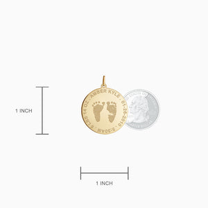 Engravable 1 inch 14k Yellow Gold Disc Charm Necklace with Actual Baby Footprints - Pendant Size Detail