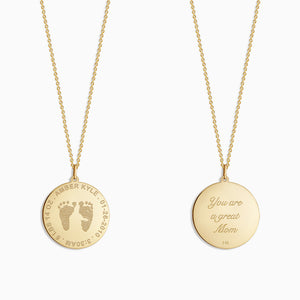 Engravable 1 inch 14k Yellow Gold Disc Charm Necklace with Actual Baby Footprints Engraved on the Front with Birth Details and a Text Inscription on the Back