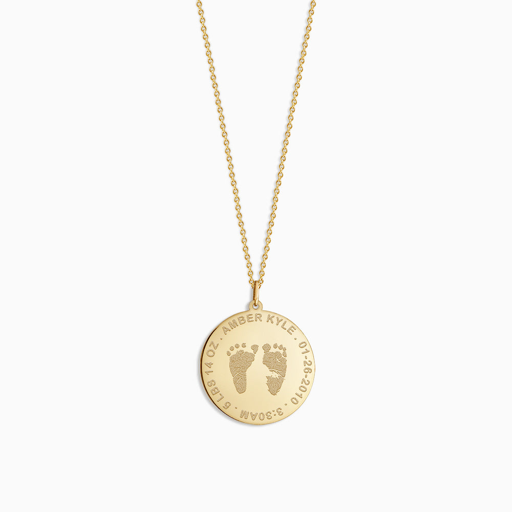 Engravable 1 inch 14k Yellow Gold Disc Charm Necklace with Actual Baby Footprints