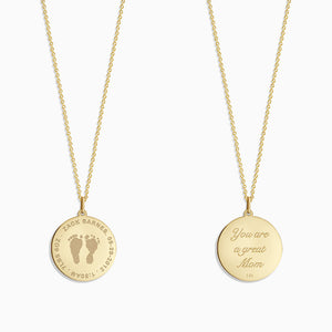 Engravable 7/8 inch, 14k Yellow Gold Actual Baby Footprint Disc Charm Necklace - Custom Engrave the Front and Back