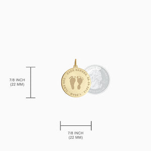 Engravable 7/8 inch, 14k Yellow Gold Actual Baby Footprint Disc Charm  Size Detail