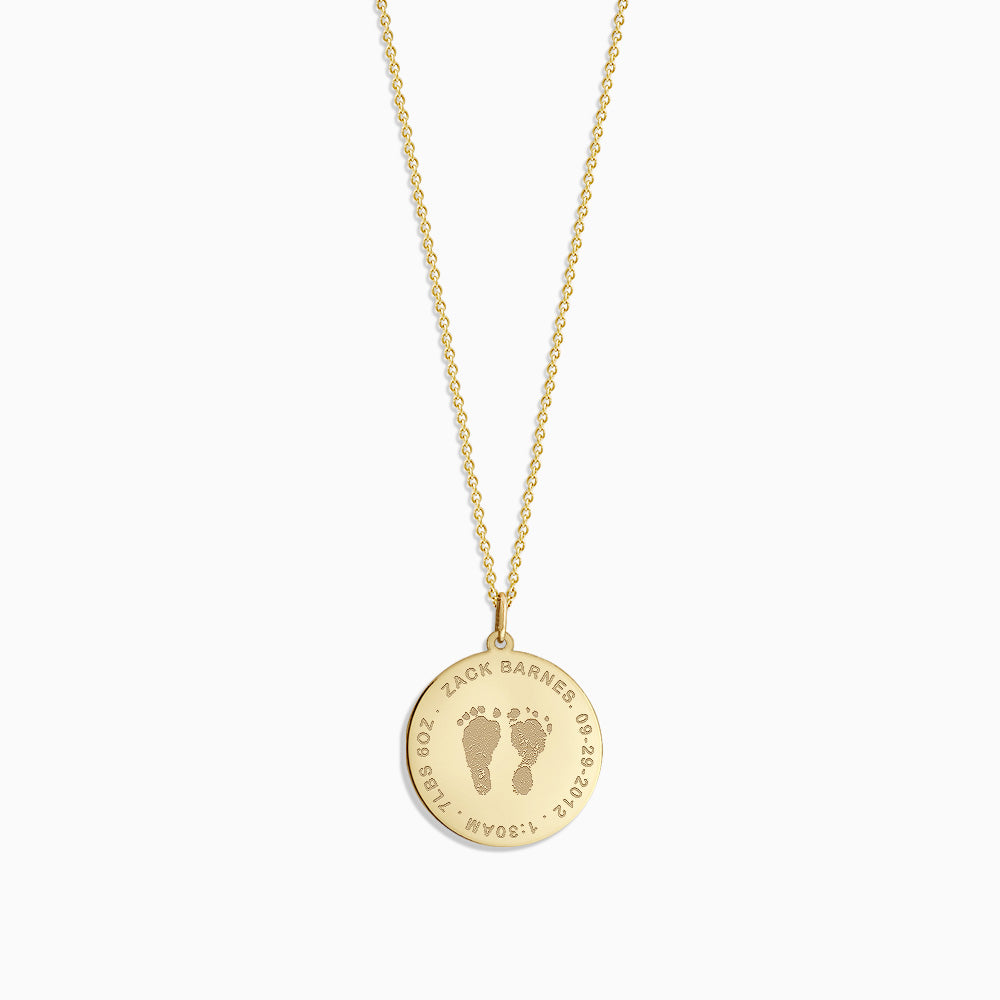 Engravable 7/8 inch, 14k Yellow Gold Actual Baby Footprint Disc Charm Necklace