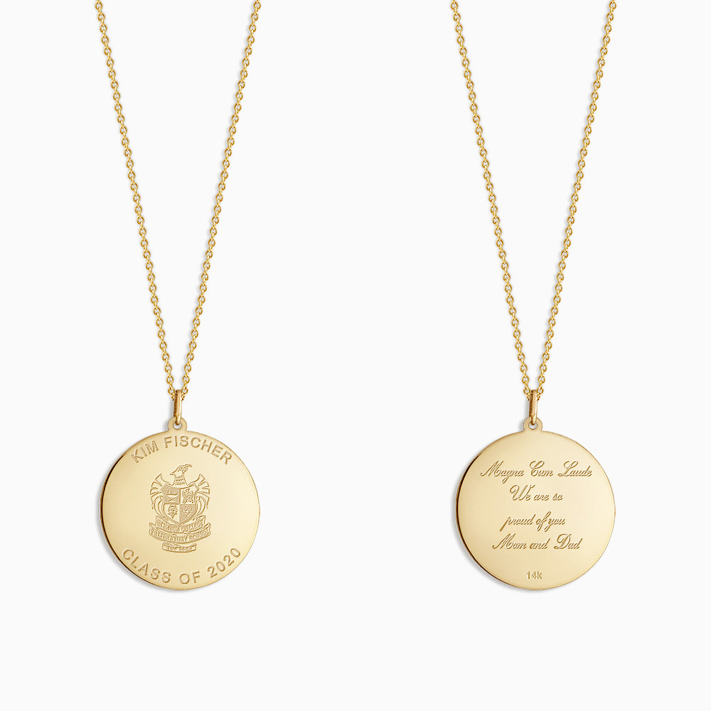 Custom Engraved 1 inch 14k Yellow Gold Graduation Disc Charm Necklace with Cable Chain