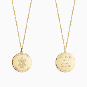 Custom Engraved 1 inch 14k Yellow Gold Graduation Disc Charm Necklace - Front and Back Engraving Detail