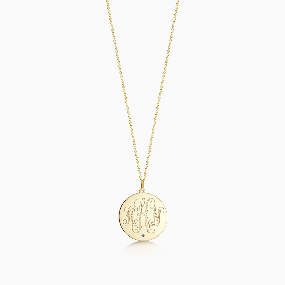 Engravable 1 inch 14k Yellow Gold Monogram Disc Charm Necklace with Single Diamond