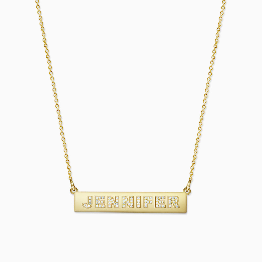 Engravable, 1.25 inch 14k Gold Horizontal Custom Diamond Name Bar Necklace - JENNIFER (NYG220208)