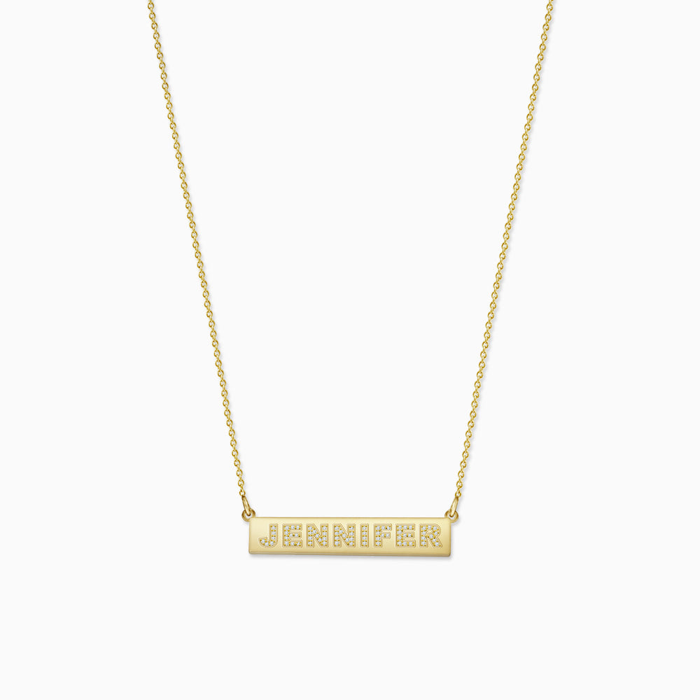 Engravable, 1.25 inch 14k Gold Horizontal Custom Diamond Name Bar Necklace - JENNIFER (NYG220208)