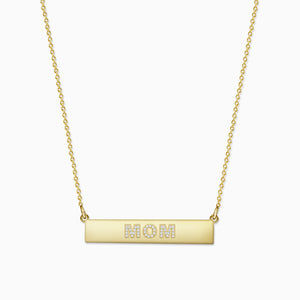 Engravable, 1.25 inch 14k Gold Diamond Mom Horizontal Name Bar Necklace - Zoom View (NYG220210)