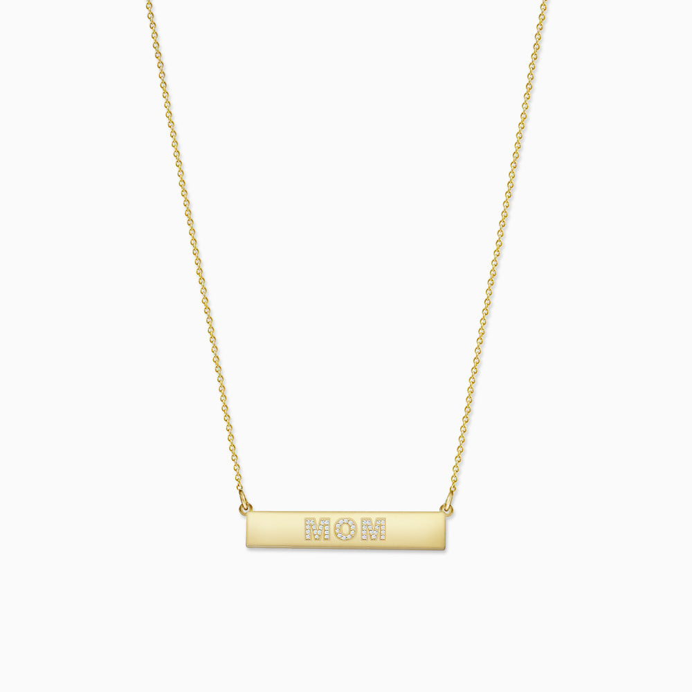 Engravable, 1.25 inch 14k Gold Diamond Mom Horizontal Name Bar Necklace (NYG220210)