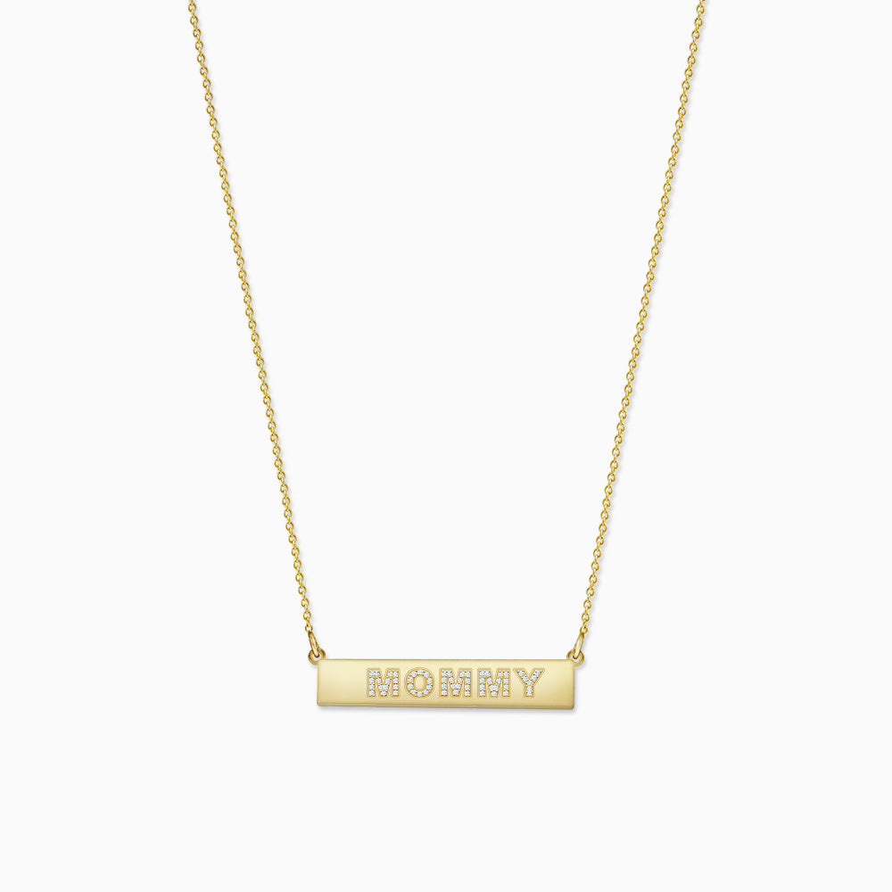 Engravable, 1.25 inch 14k Gold Diamond MOMMY Horizontal Name Bar Necklace