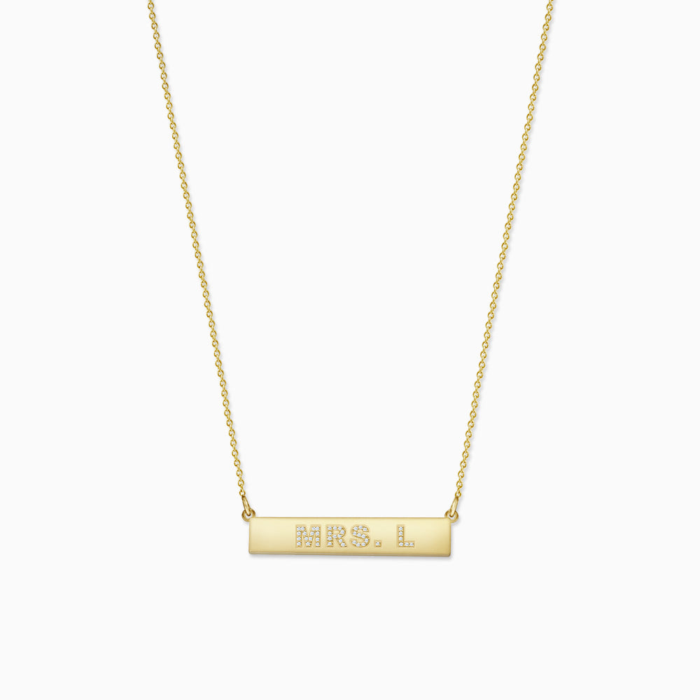 Engravable, 1.25 inch 14k Gold Custom Diamond MRS. L Horizontal Bar Necklace (NYG220215)
