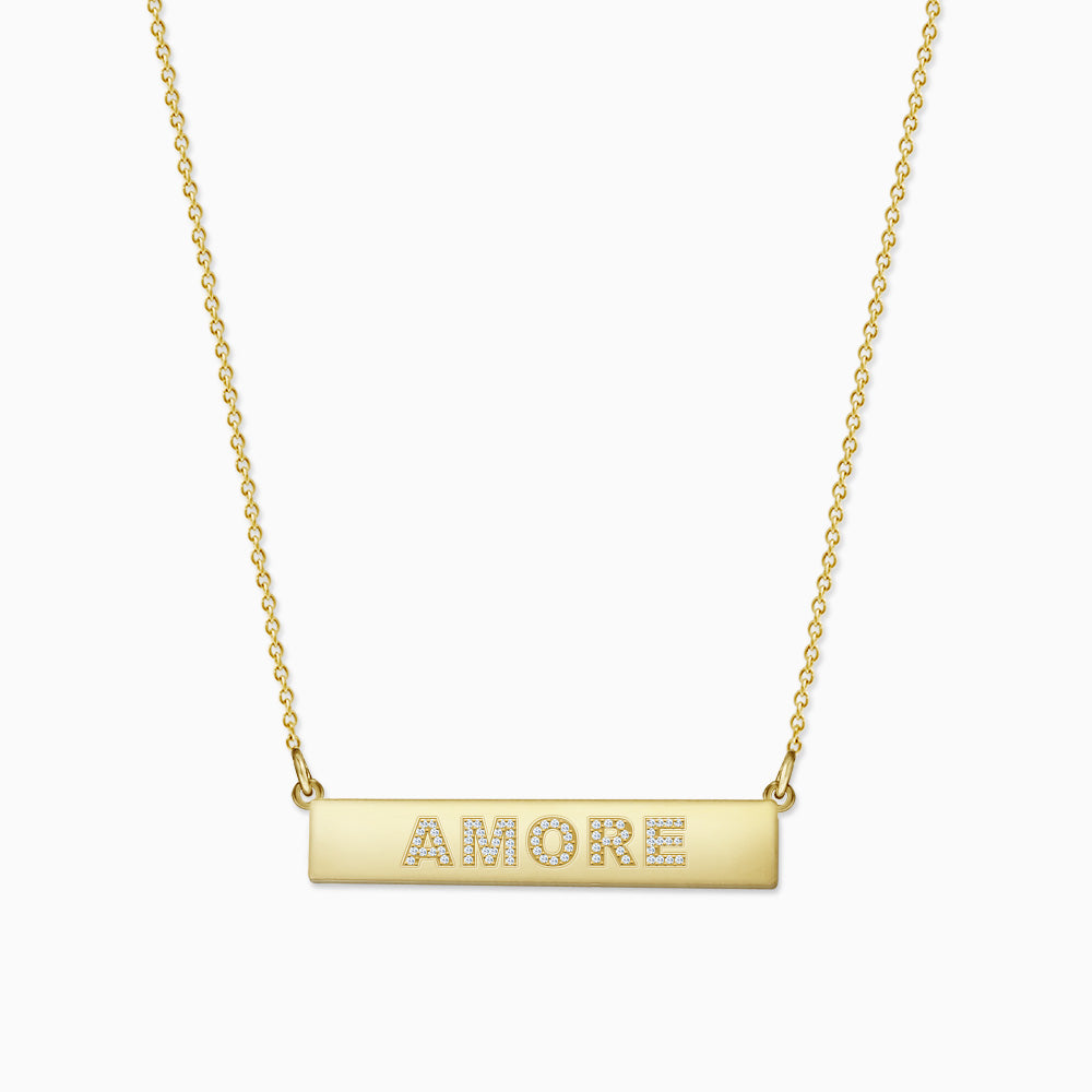 Engravable, 1.25 inch 14k Gold Diamond AMORE Horizontal Name Bar Necklace (NYG220216)
