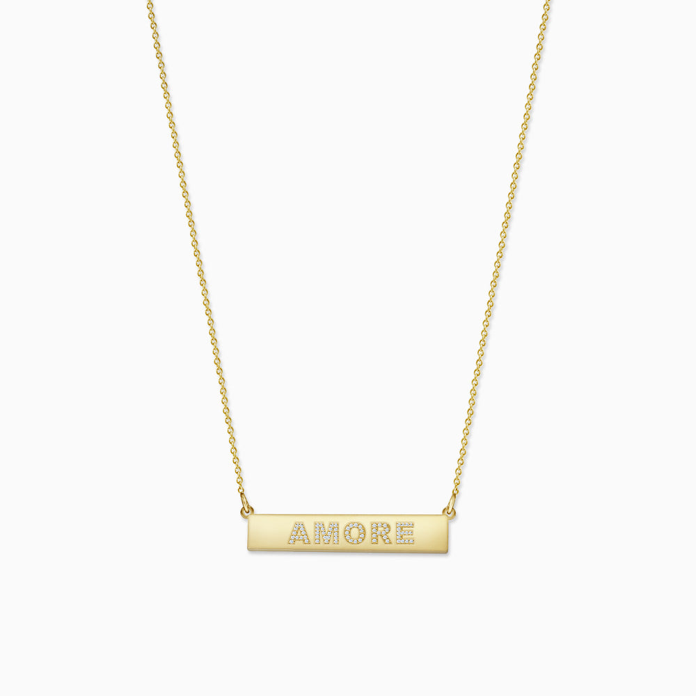 Engravable, 1.25 inch 14k Gold Diamond AMORE Horizontal Name Bar Necklace (NYG220216)
