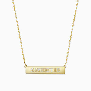 Engravable, 1.25 inch 14k Gold Diamond SWEETIE Horizontal Name Bar Necklace - Zoom (NYG220217)